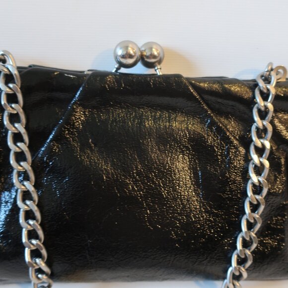 Womens Club Monaco Black Patent Leather Chain Strap Clutch Shoulder Bag * - Picture 3 of 10